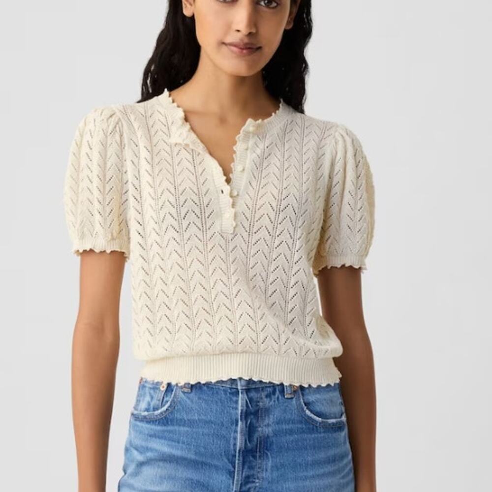 Gap × DÔEN Linen-blend Pointelle Short Sleeve Knit Top Womens XL Cream Crewneck